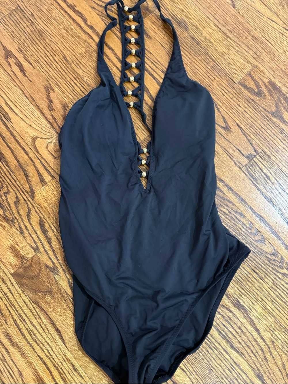 Trina Turk Swimsuit Womens 14 Black Plunge Halter One Piece Gold Bead Peekaboo
